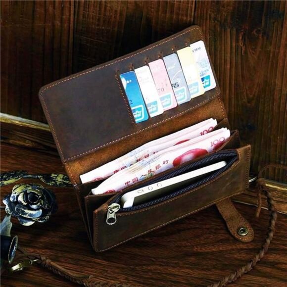 Mens Genuine Leather Bifold Wallet Organizer Checkbook Removable Chain Wallet - Picture 6 of 8